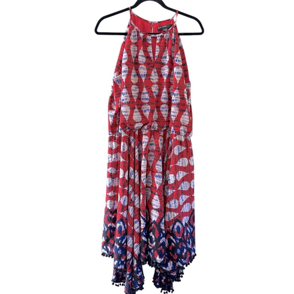 Maggy London Halter Keyhole Dress Scarf Hem Pom Pom Red Blue Size 14 Like New